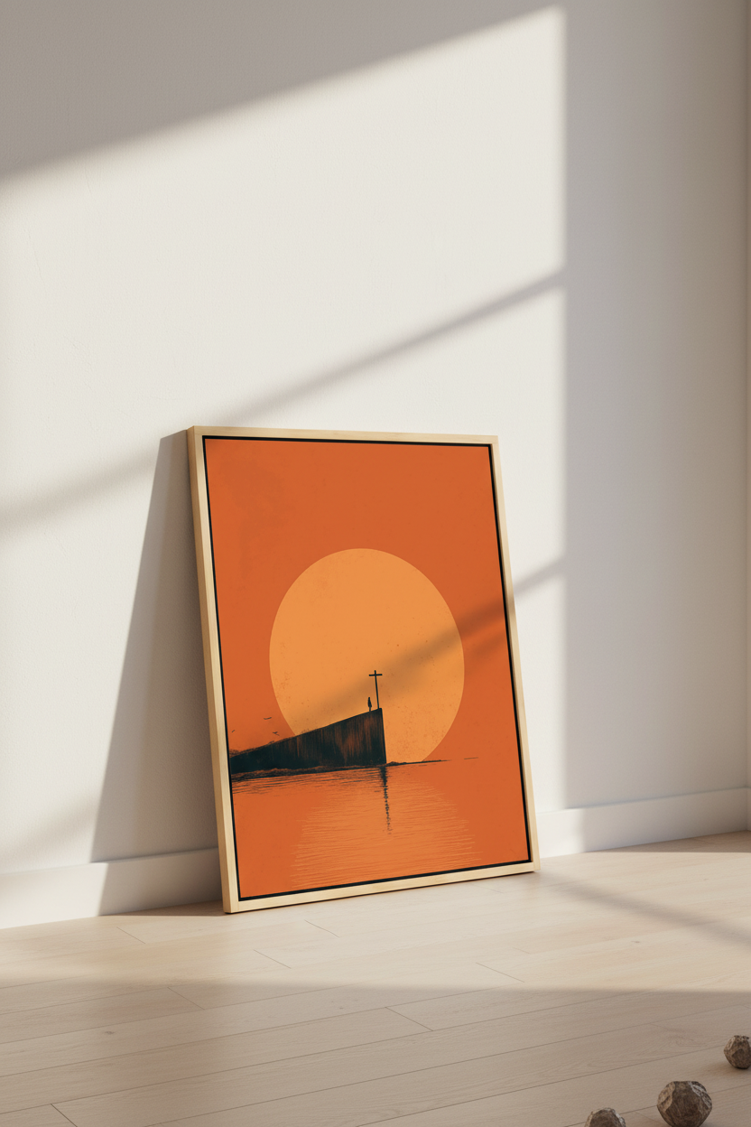 At the Edge of Faith – Minimalist Cross Sunset Christian Wall Art