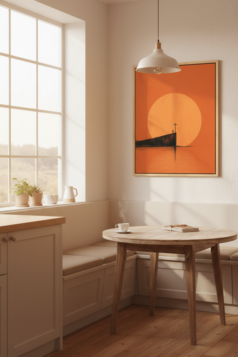 At the Edge of Faith – Minimalist Cross Sunset Christian Wall Art
