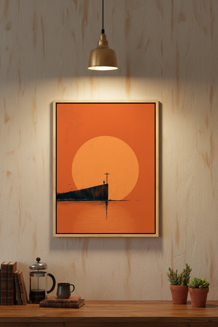 At the Edge of Faith – Minimalist Cross Sunset Christian Wall Art