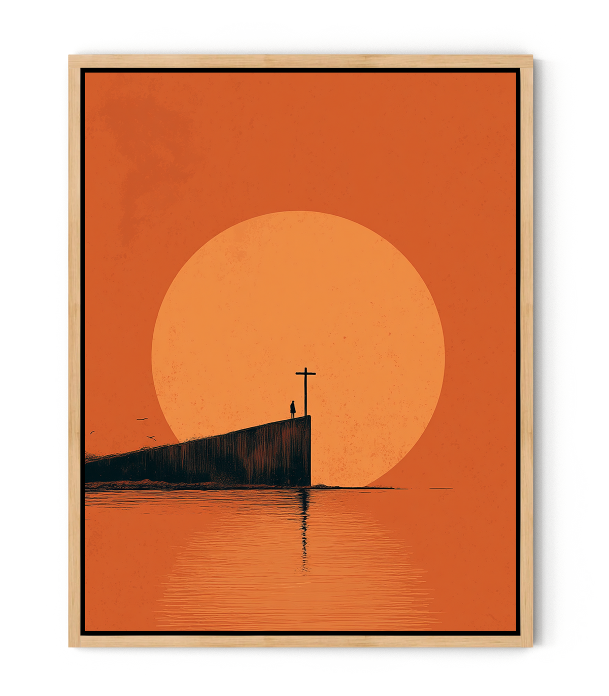 At the Edge of Faith – Minimalist Cross Sunset Christian Wall Art