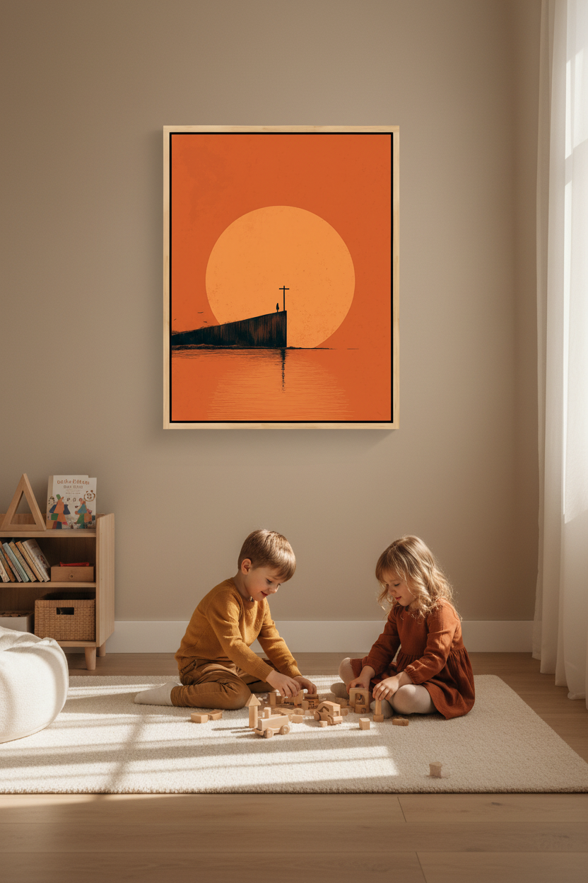 At the Edge of Faith – Minimalist Cross Sunset Christian Wall Art