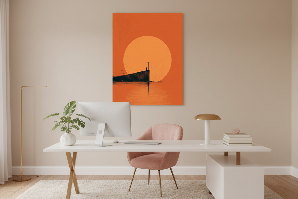 At the Edge of Faith – Minimalist Cross Sunset Christian Wall Art