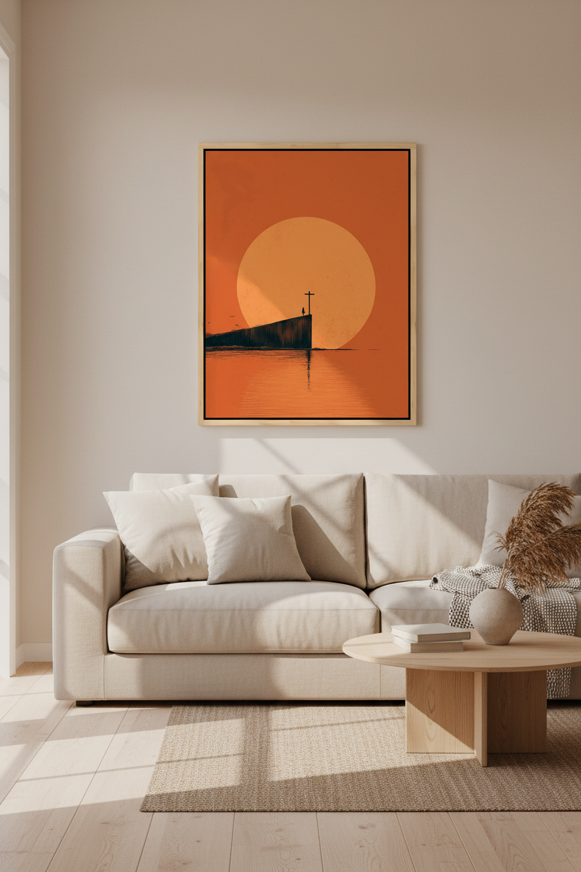 At the Edge of Faith – Minimalist Cross Sunset Christian Wall Art