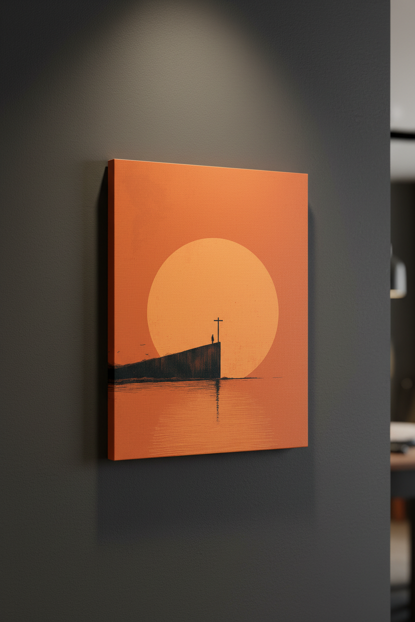 At the Edge of Faith – Minimalist Cross Sunset Christian Wall Art