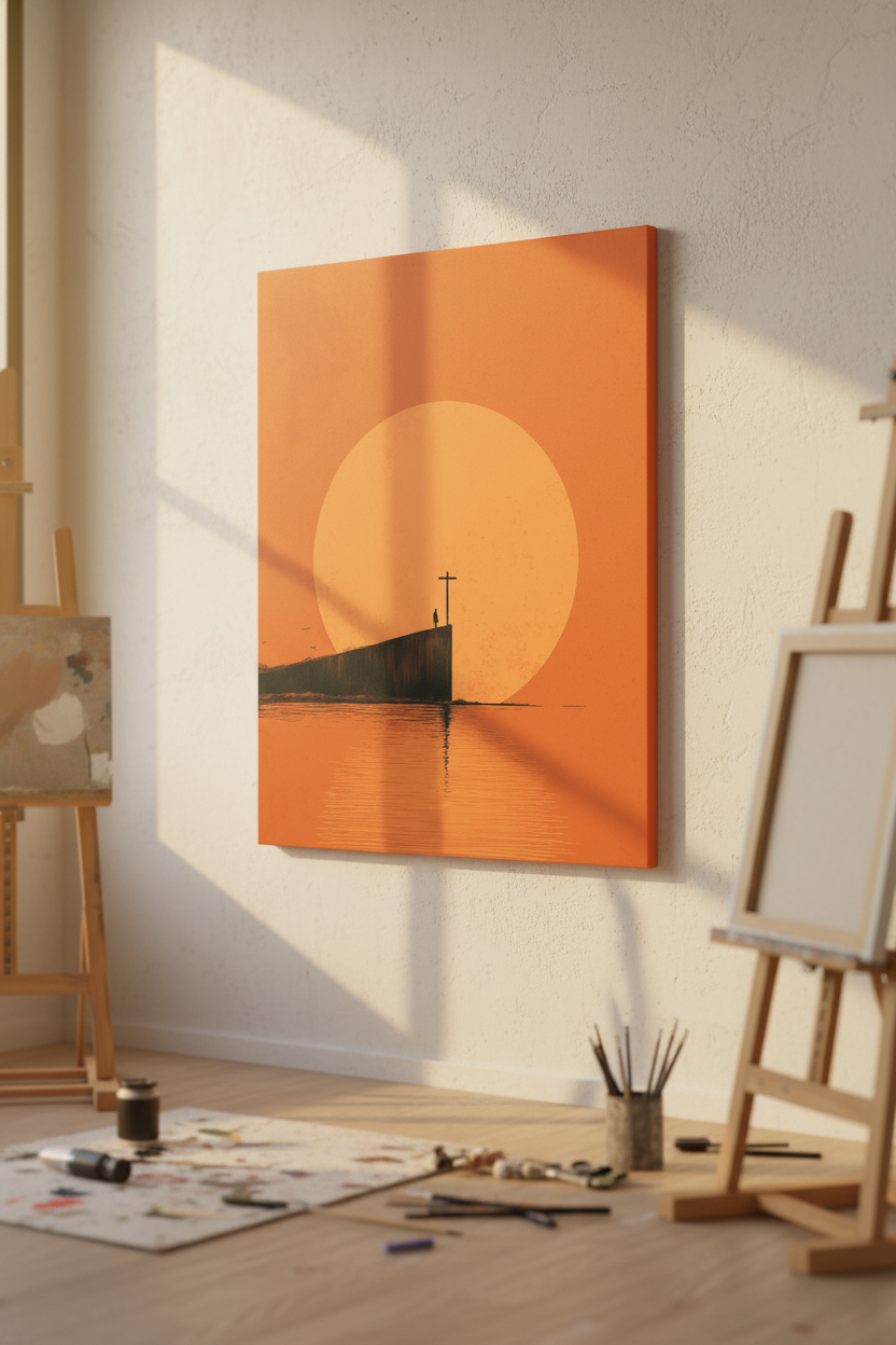 At the Edge of Faith – Minimalist Cross Sunset Christian Wall Art
