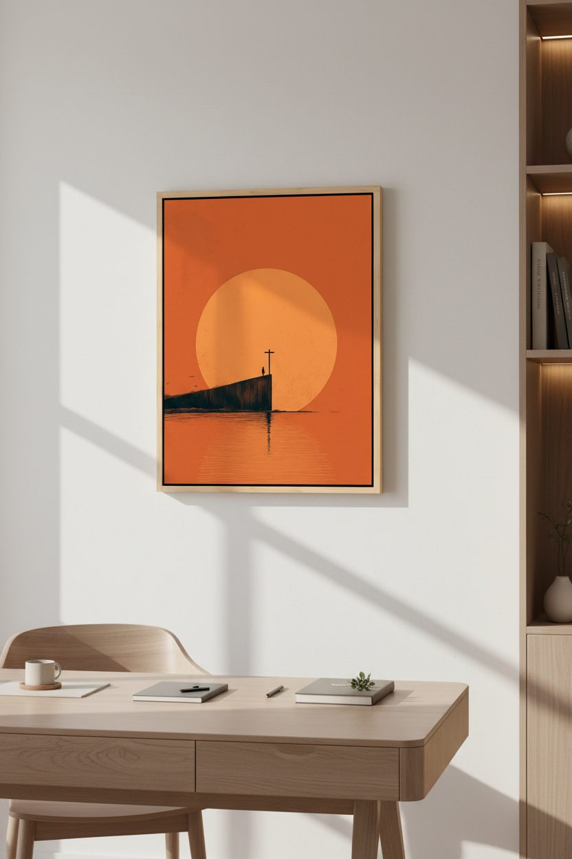 At the Edge of Faith – Minimalist Cross Sunset Christian Wall Art