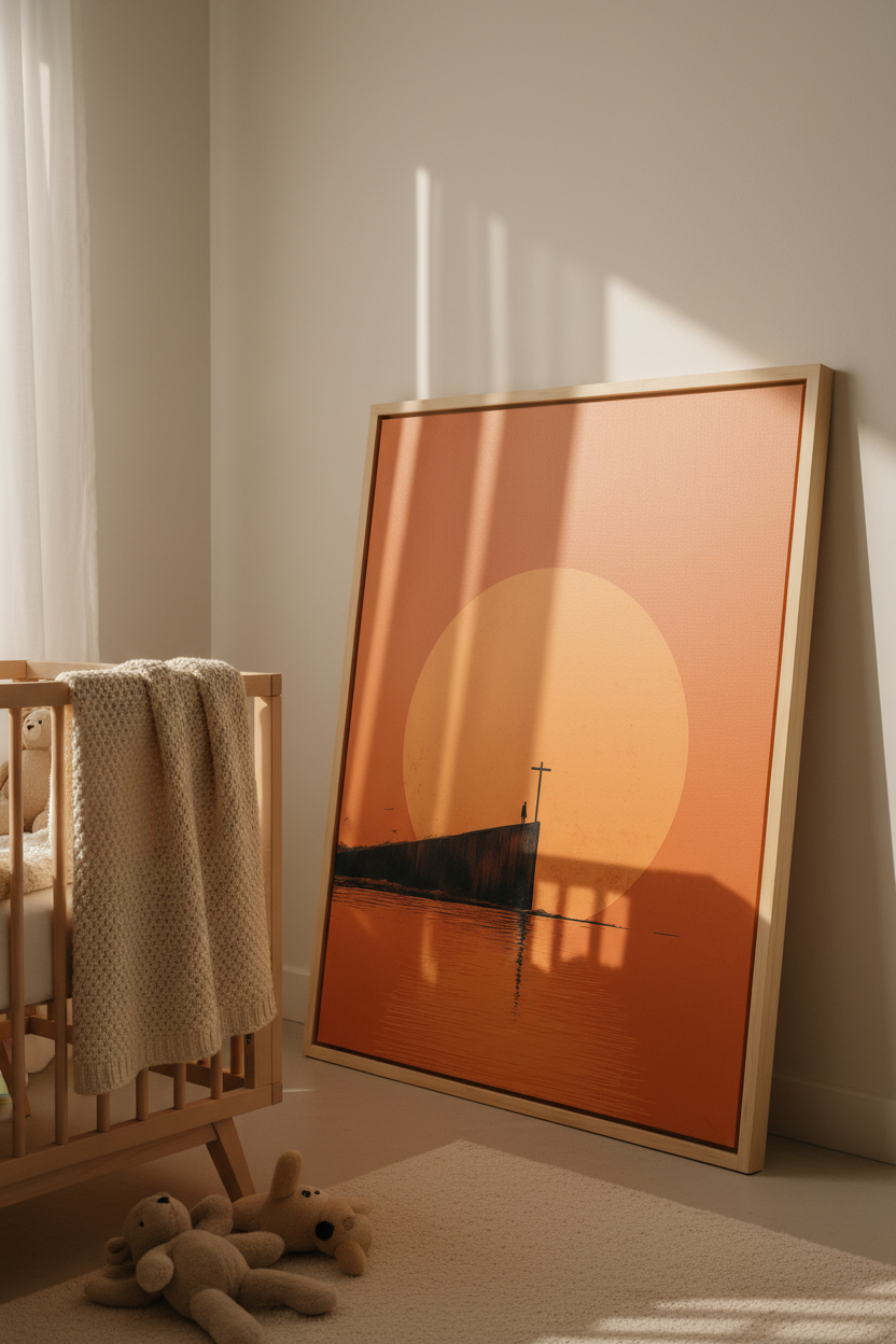 At the Edge of Faith – Minimalist Cross Sunset Christian Wall Art