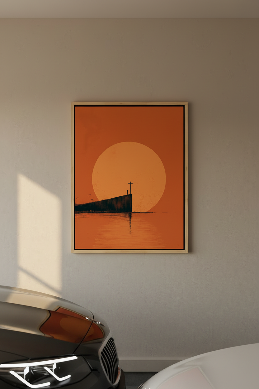At the Edge of Faith – Minimalist Cross Sunset Christian Wall Art
