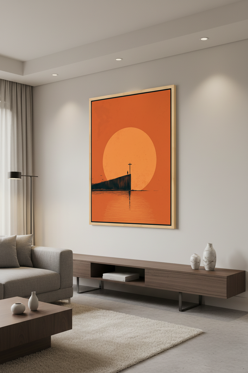 At the Edge of Faith – Minimalist Cross Sunset Christian Wall Art