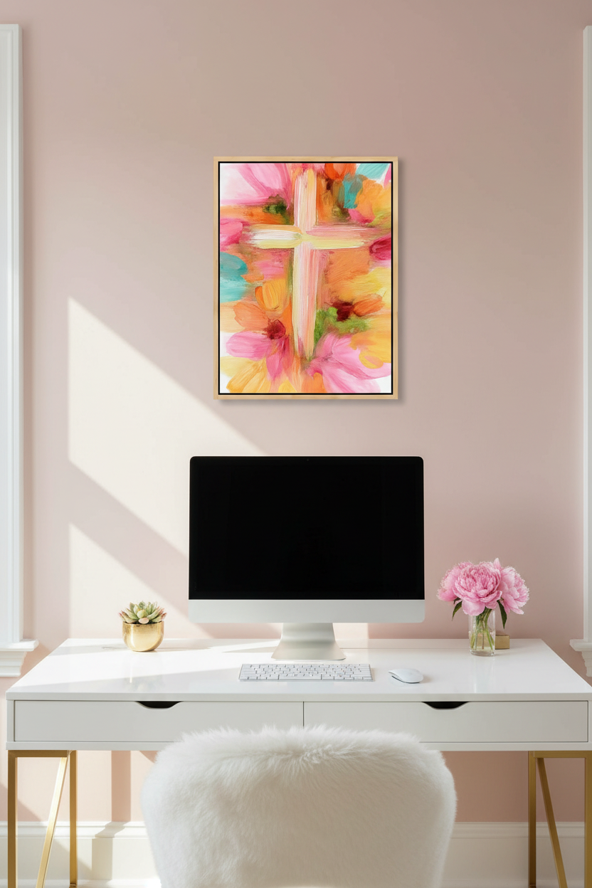 Grace in Bloom – Pastel Abstract Cross Christian Wall Art