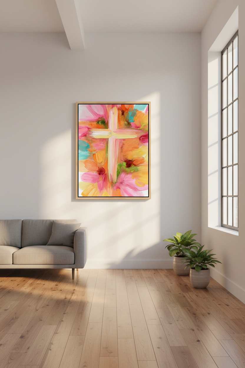 Grace in Bloom – Pastel Abstract Cross Christian Wall Art