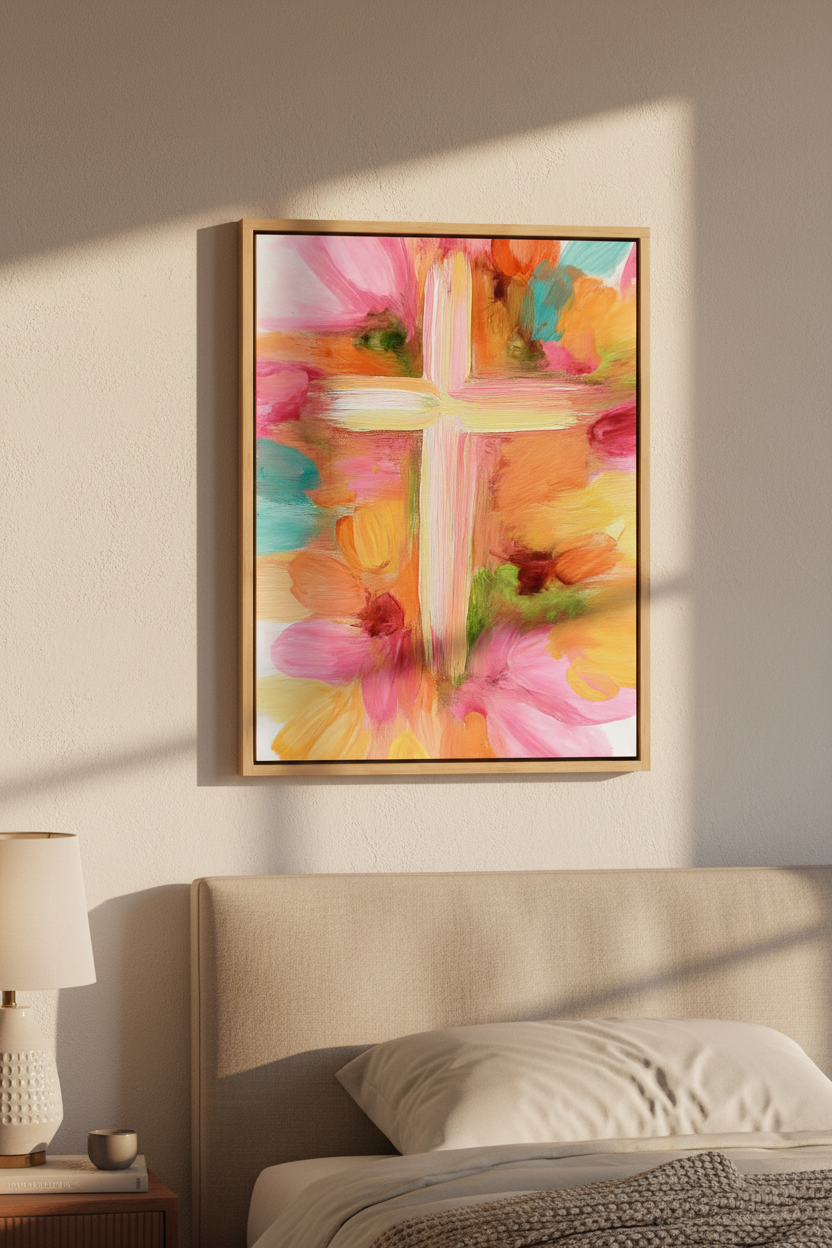 Grace in Bloom – Pastel Abstract Cross Christian Wall Art