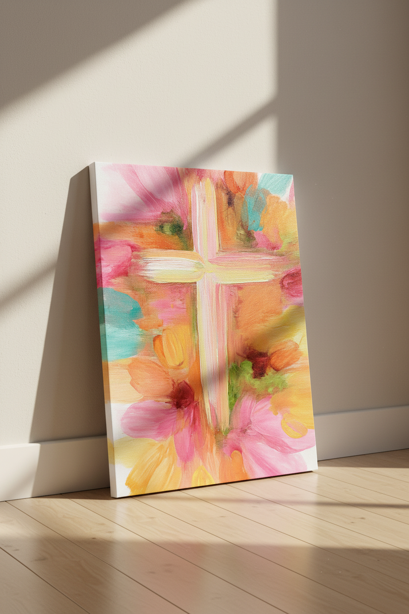 Grace in Bloom – Pastel Abstract Cross Christian Wall Art
