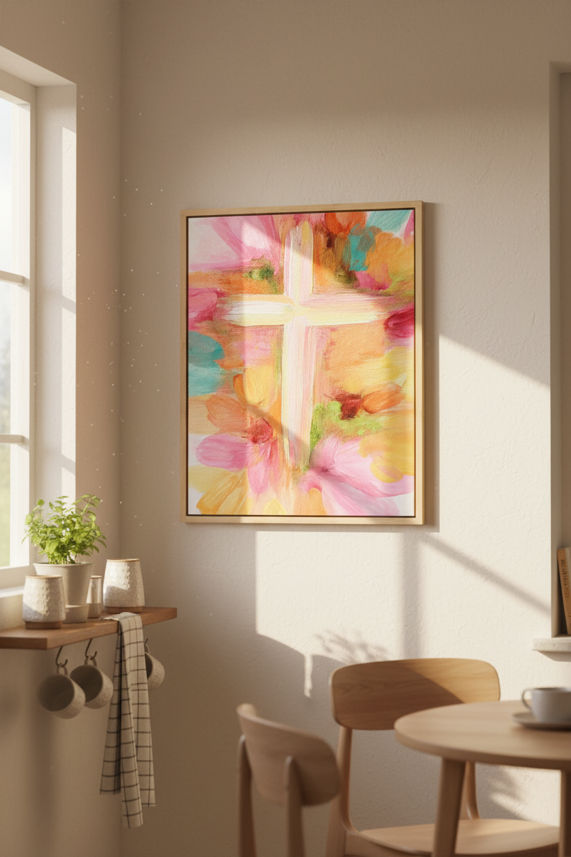 Grace in Bloom – Pastel Abstract Cross Christian Wall Art