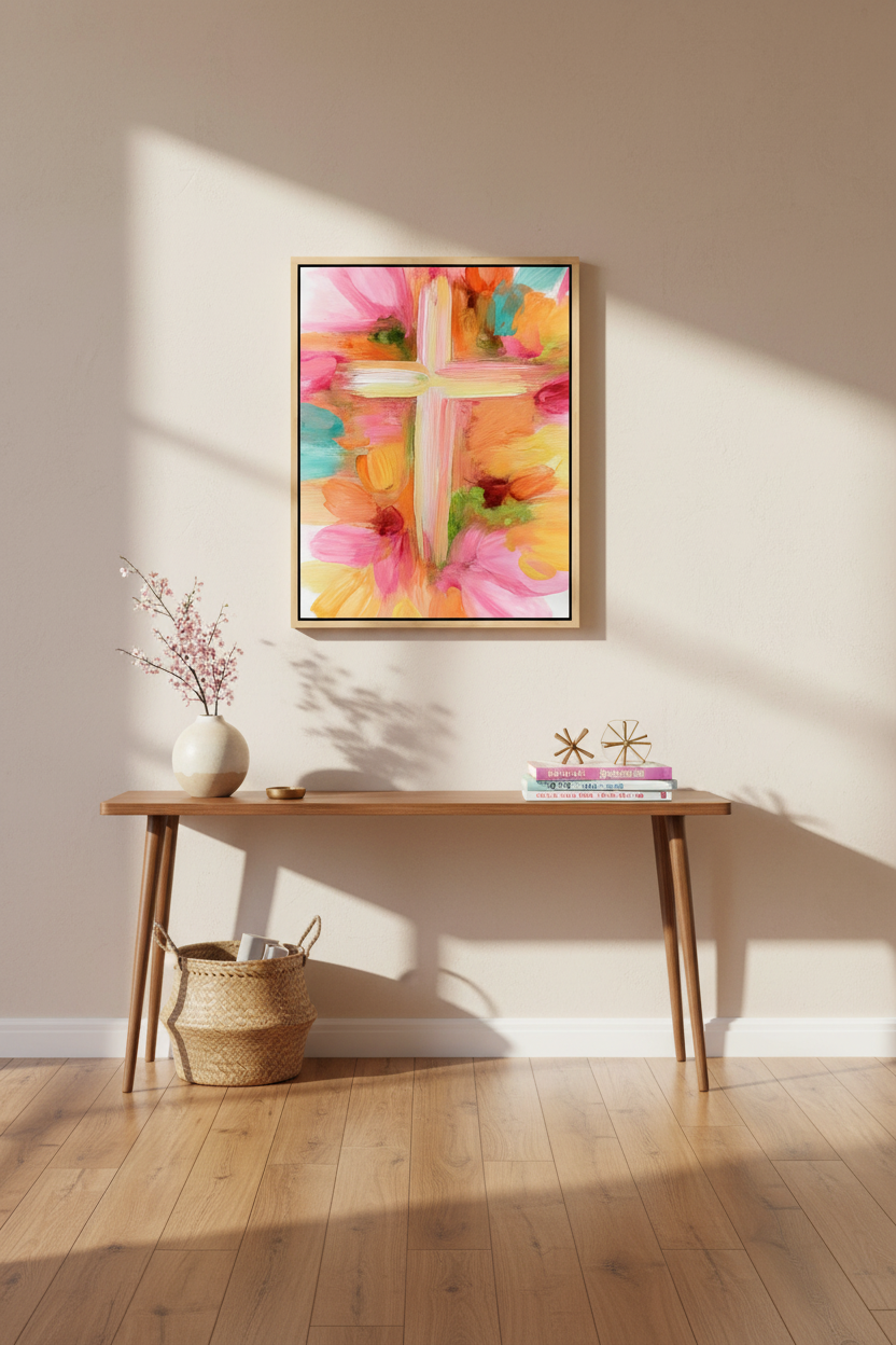 Grace in Bloom – Pastel Abstract Cross Christian Wall Art