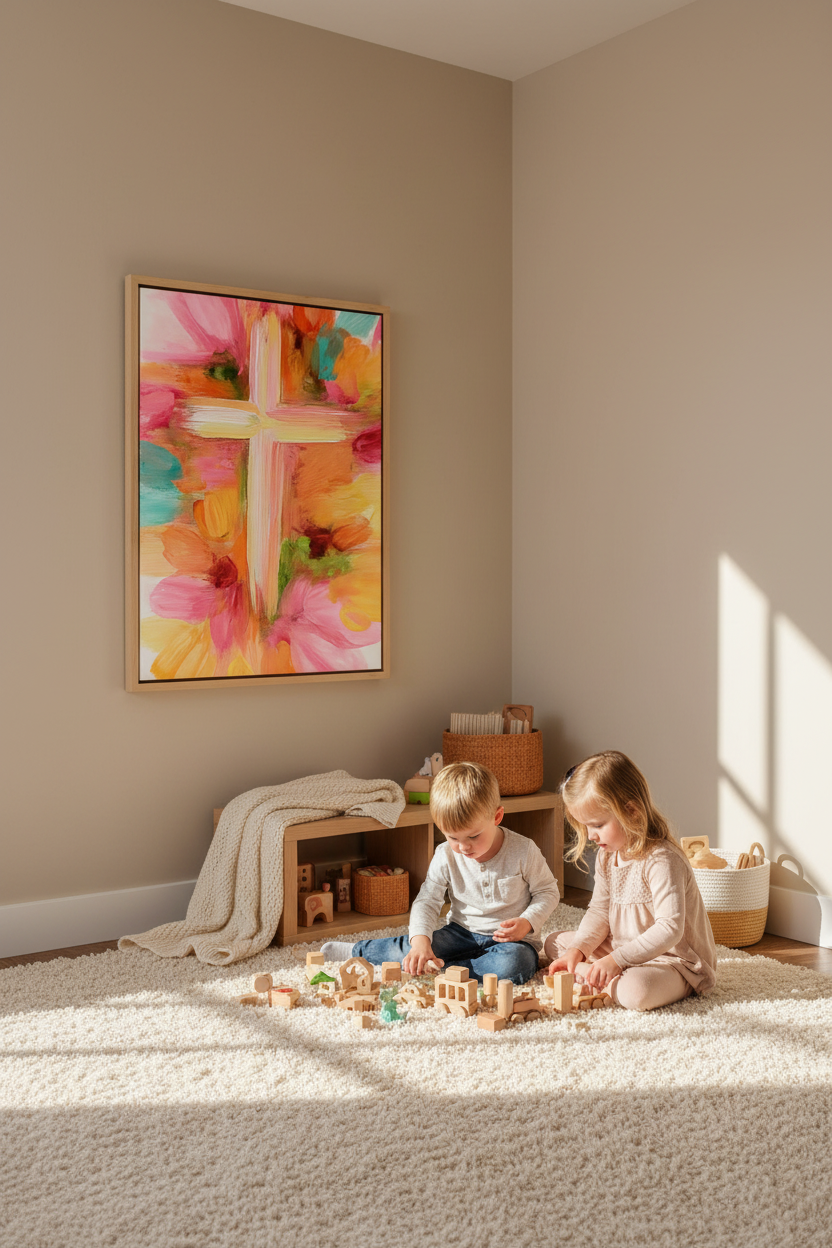 Grace in Bloom – Pastel Abstract Cross Christian Wall Art