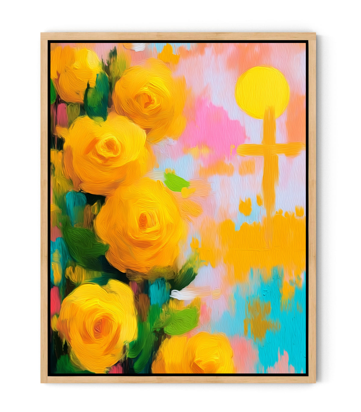Golden Promise – Yellow Roses & Cross Christian Wall Art