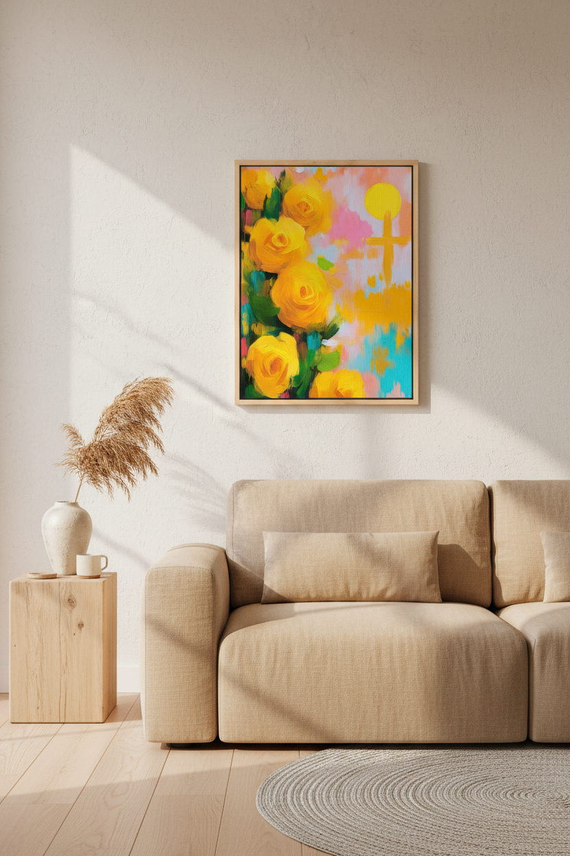 Golden Promise – Yellow Roses & Cross Christian Wall Art
