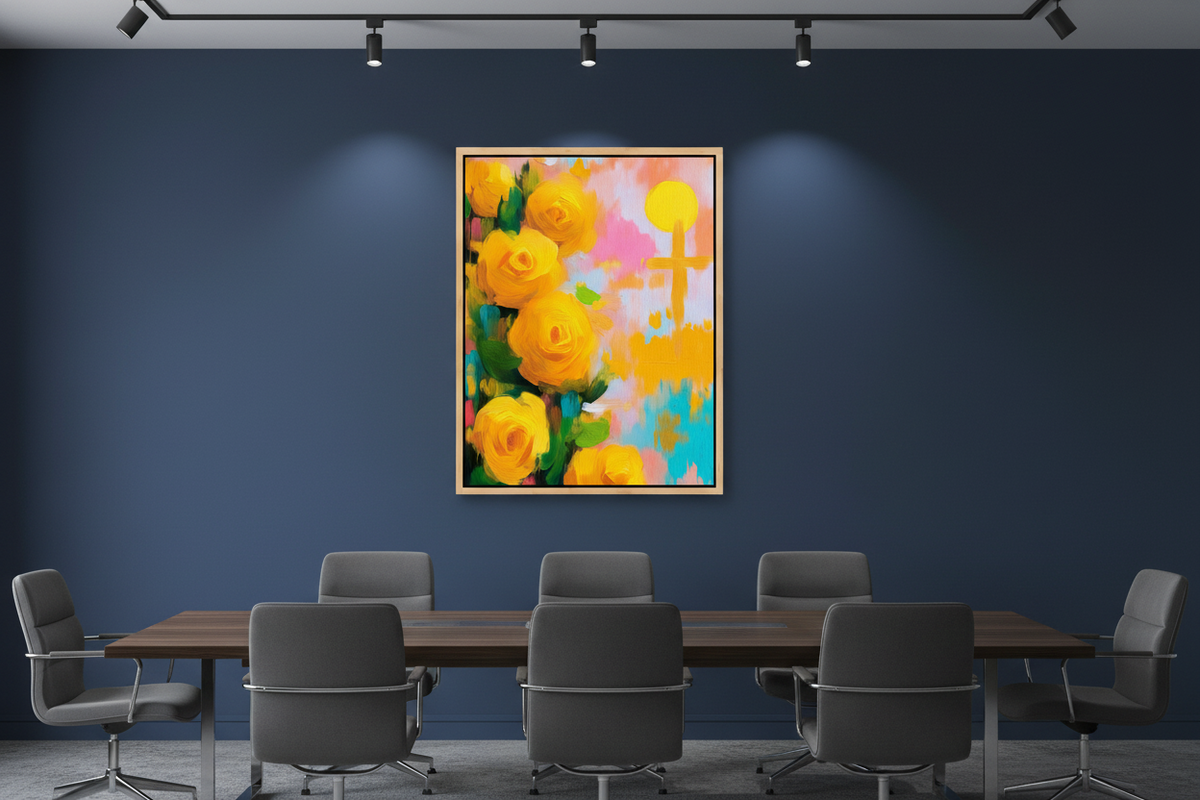Golden Promise – Yellow Roses & Cross Christian Wall Art