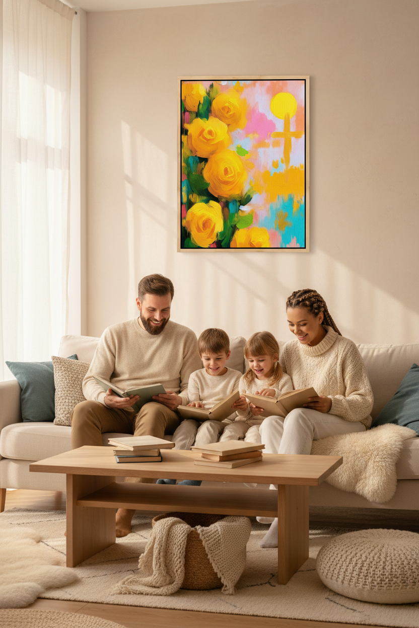 Golden Promise – Yellow Roses & Cross Christian Wall Art