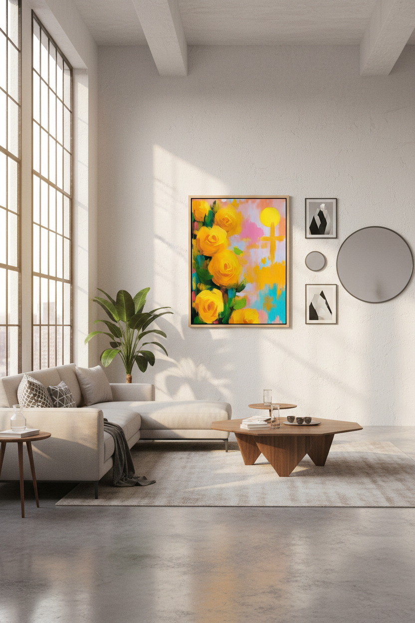 Golden Promise – Yellow Roses & Cross Christian Wall Art