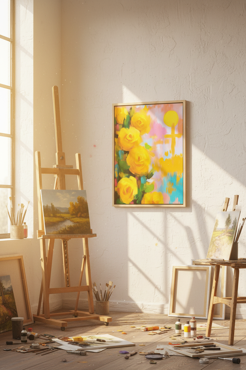 Golden Promise – Yellow Roses & Cross Christian Wall Art
