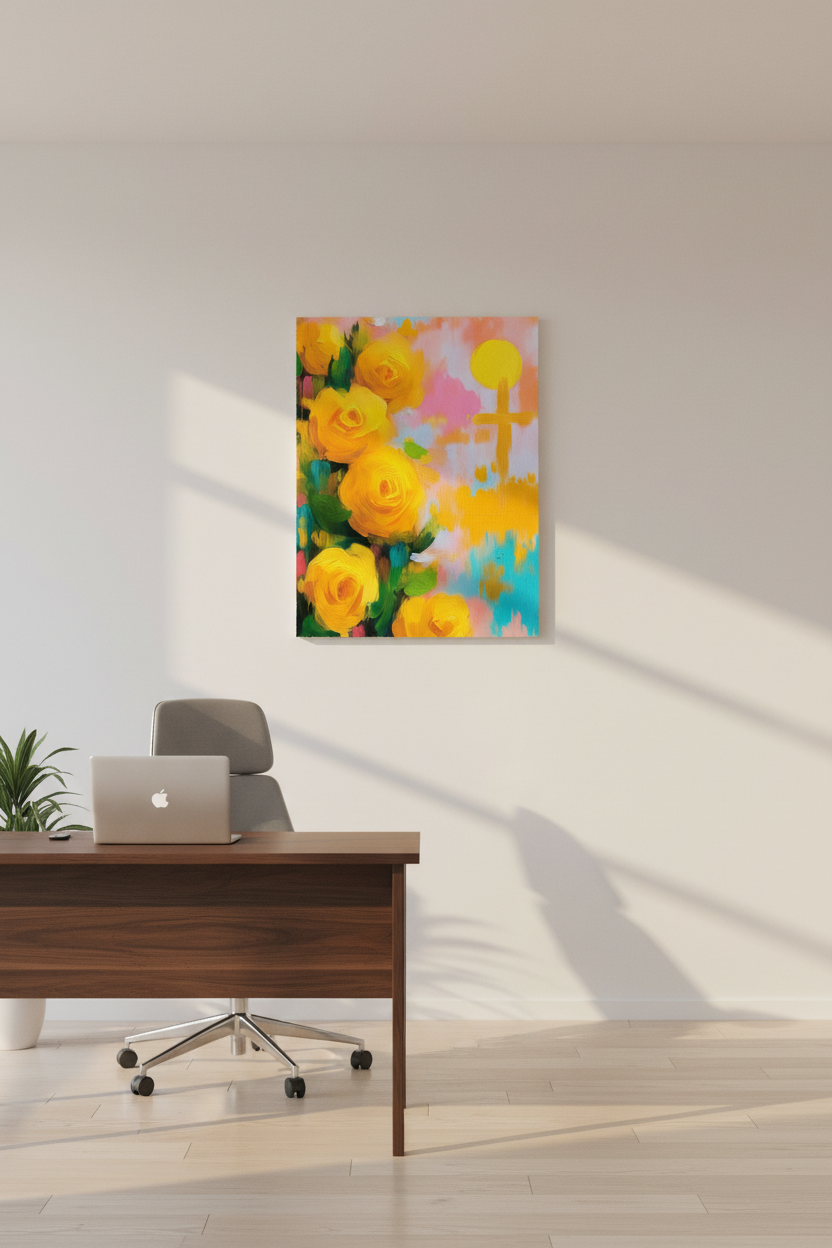 Golden Promise – Yellow Roses & Cross Christian Wall Art
