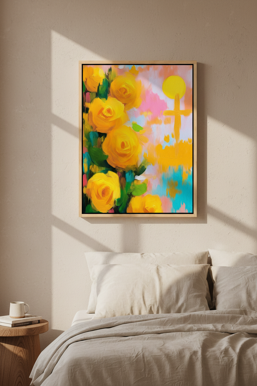 Golden Promise – Yellow Roses & Cross Christian Wall Art