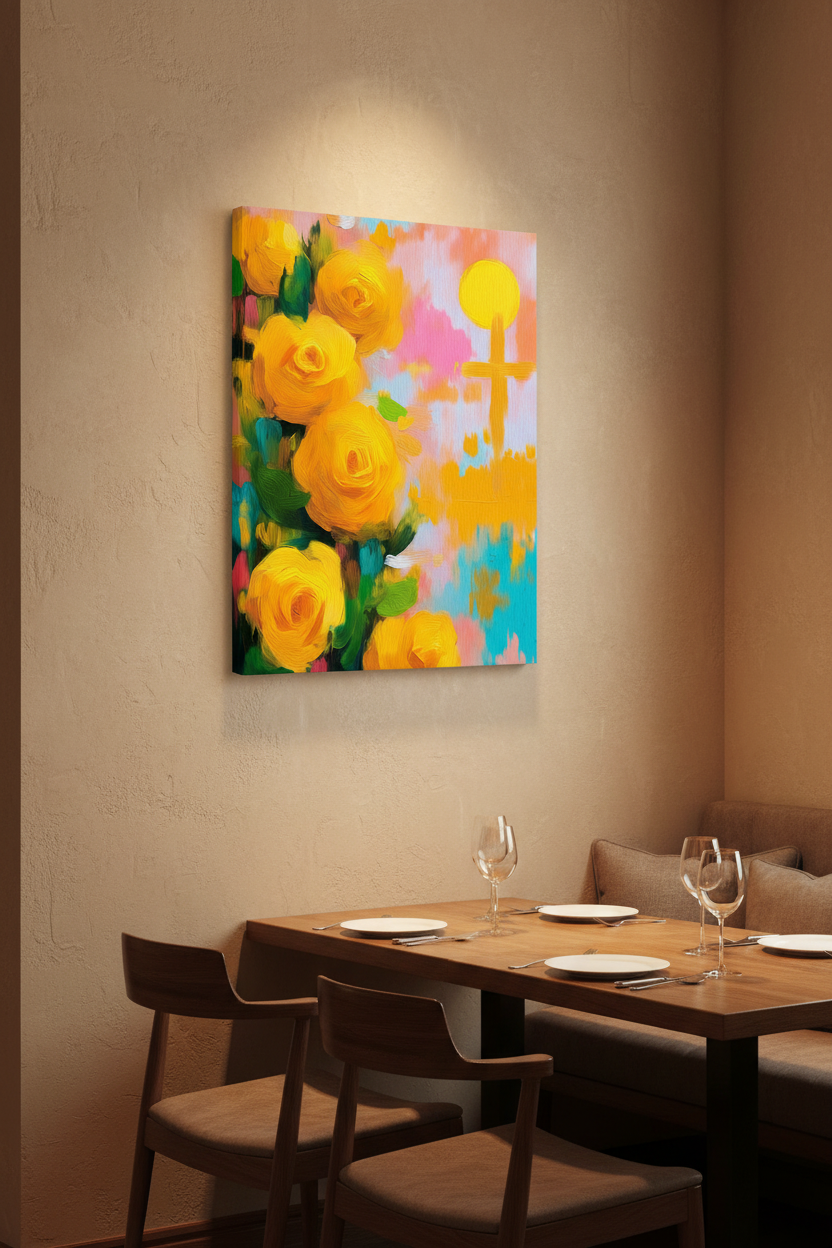 Golden Promise – Yellow Roses & Cross Christian Wall Art