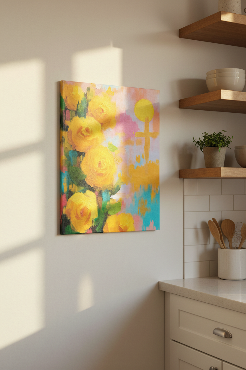 Golden Promise – Yellow Roses & Cross Christian Wall Art
