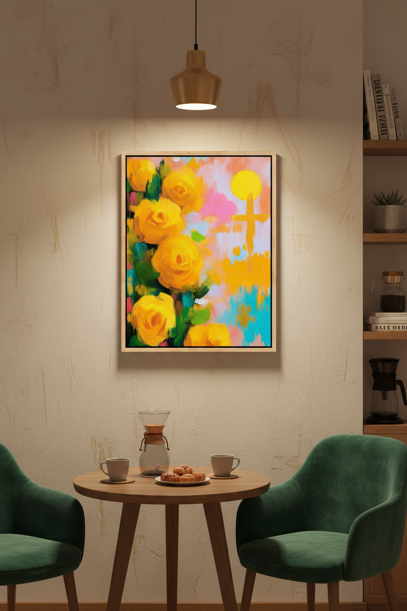 Golden Promise – Yellow Roses & Cross Christian Wall Art