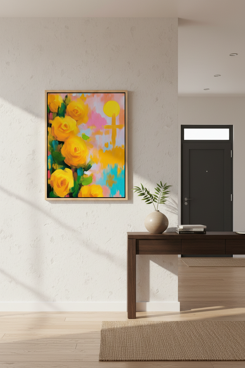Golden Promise – Yellow Roses & Cross Christian Wall Art