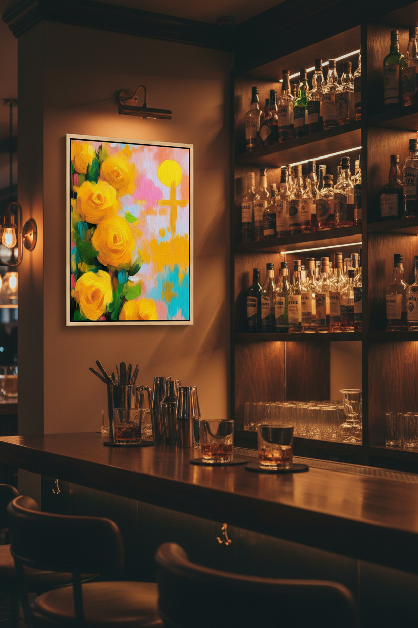Golden Promise – Yellow Roses & Cross Christian Wall Art