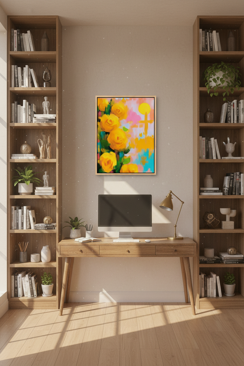 Golden Promise – Yellow Roses & Cross Christian Wall Art