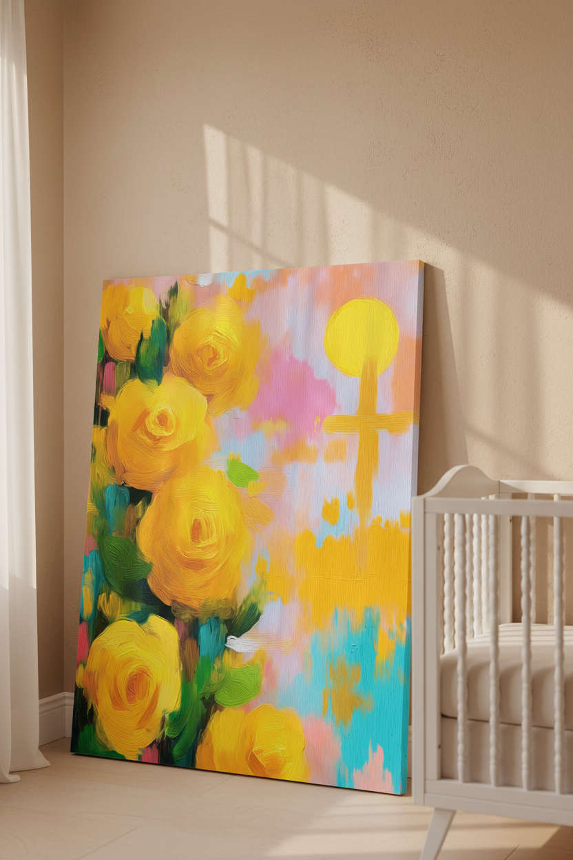 Golden Promise – Yellow Roses & Cross Christian Wall Art