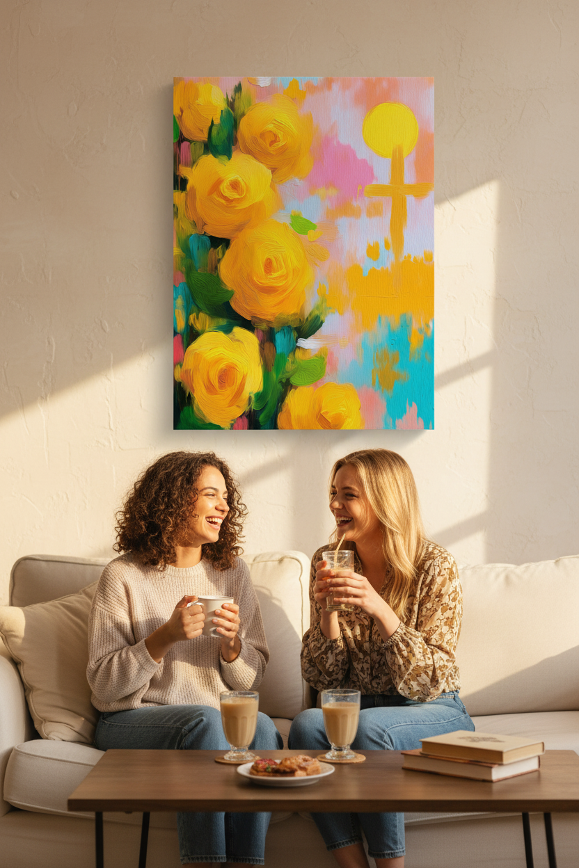 Golden Promise – Yellow Roses & Cross Christian Wall Art