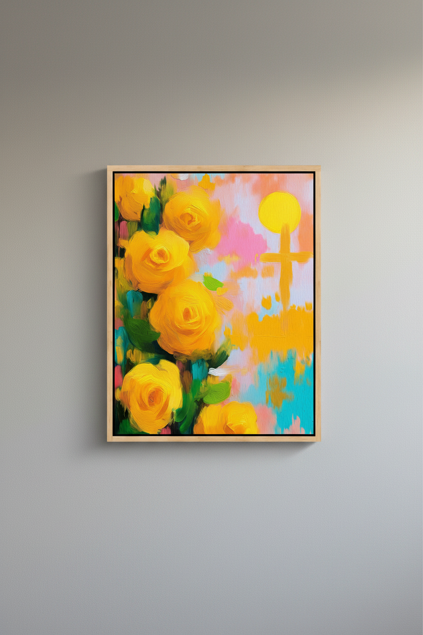 Golden Promise – Yellow Roses & Cross Christian Wall Art
