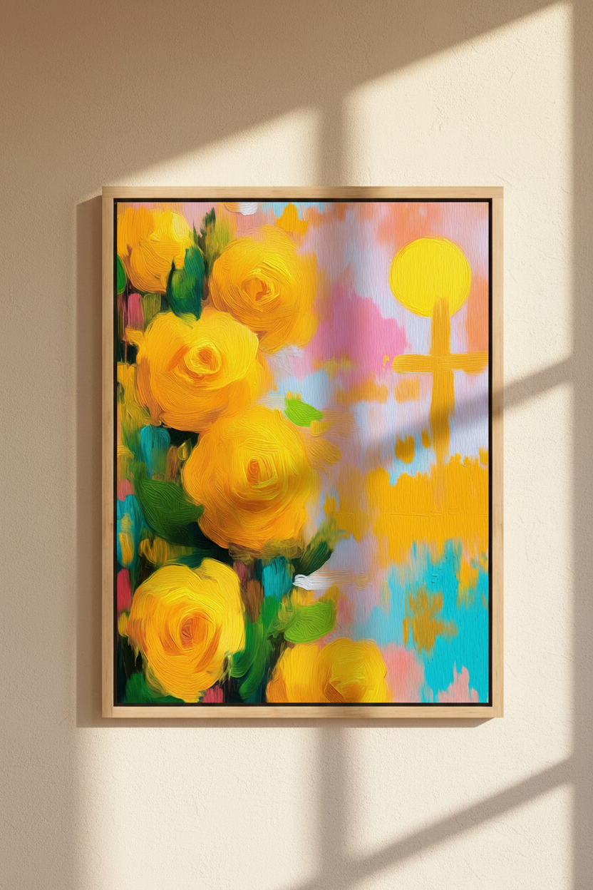 Golden Promise – Yellow Roses & Cross Christian Wall Art