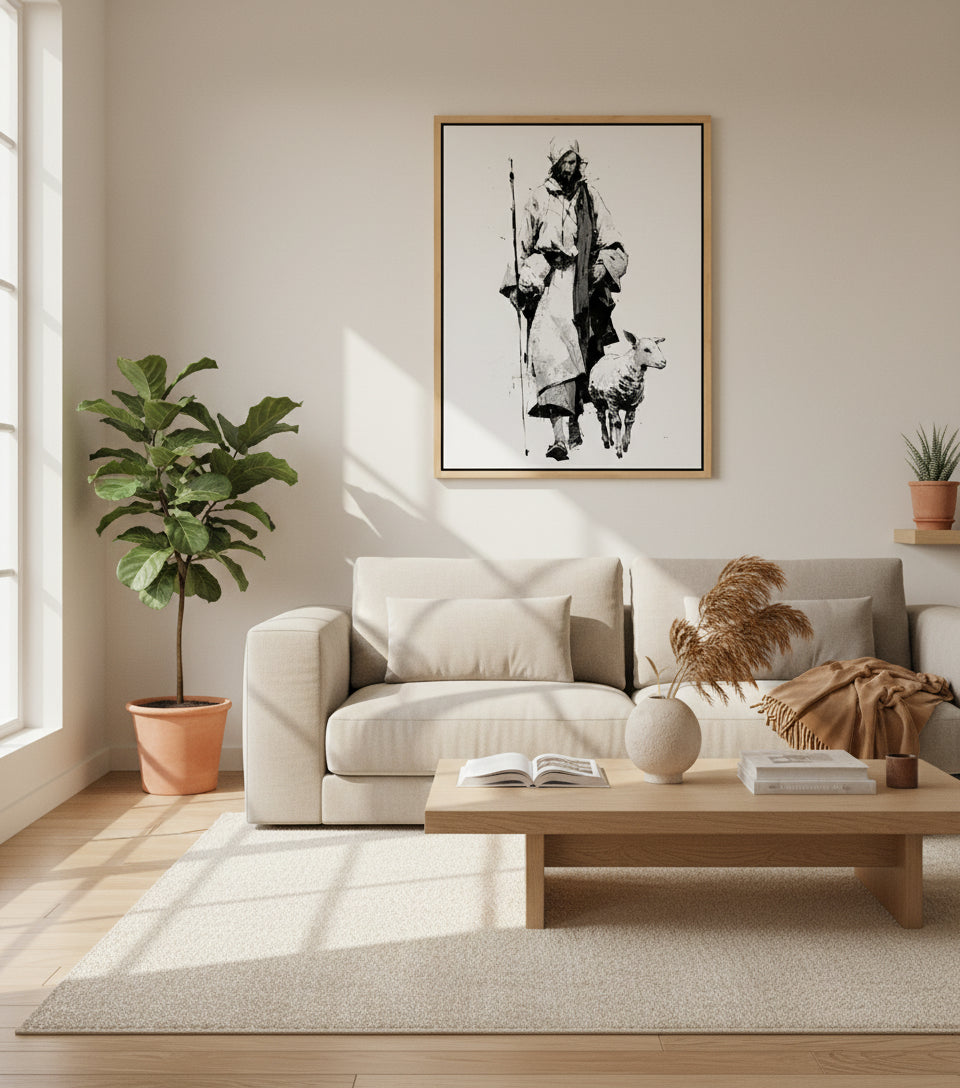 Jesus in White Robe with Staff and Lamb – Yoji Shinkawa Inspired Art