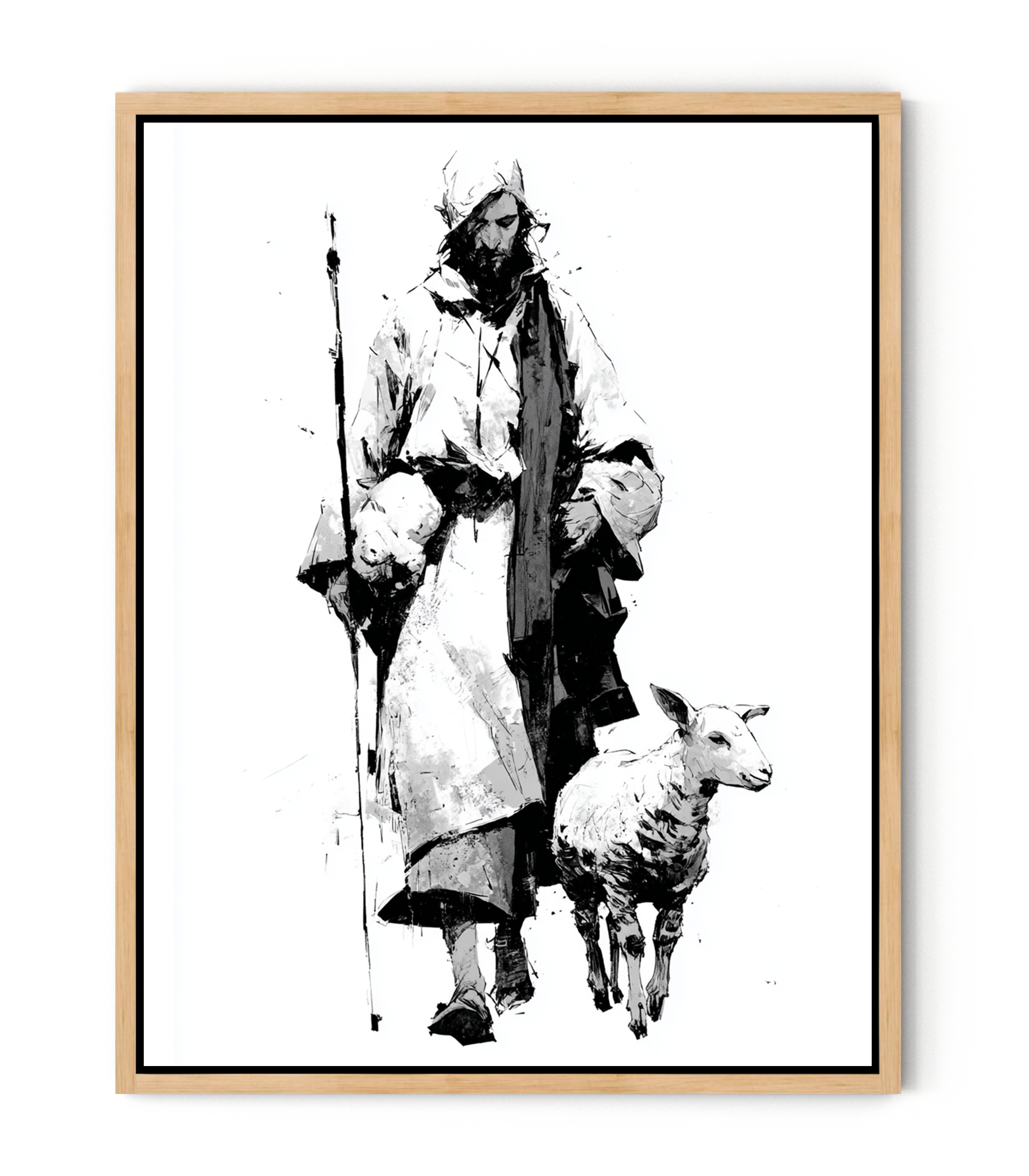 Jesus in White Robe with Staff and Lamb – Yoji Shinkawa Inspired Art
