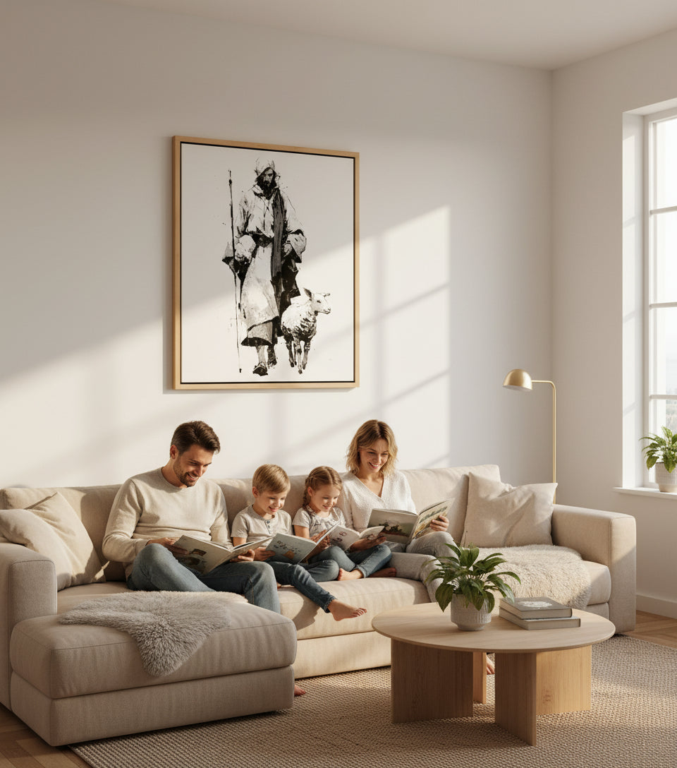 Jesus in White Robe with Staff and Lamb – Yoji Shinkawa Inspired Art