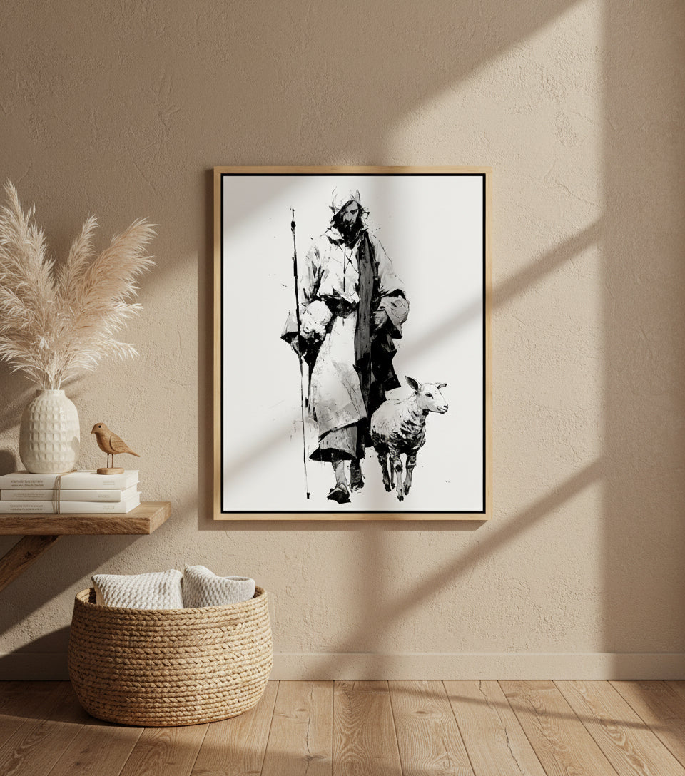 Jesus in White Robe with Staff and Lamb – Yoji Shinkawa Inspired Art