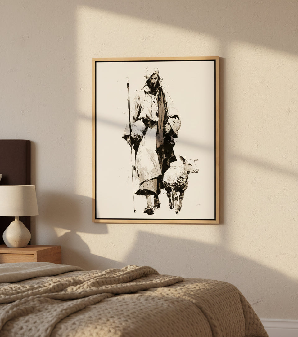 Jesus in White Robe with Staff and Lamb – Yoji Shinkawa Inspired Art