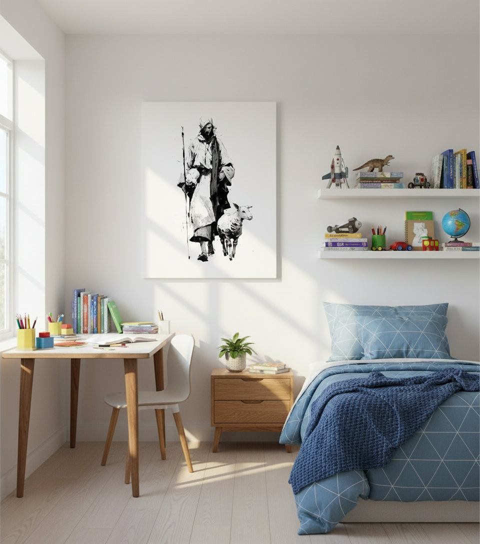 Jesus in White Robe with Staff and Lamb – Yoji Shinkawa Inspired Art