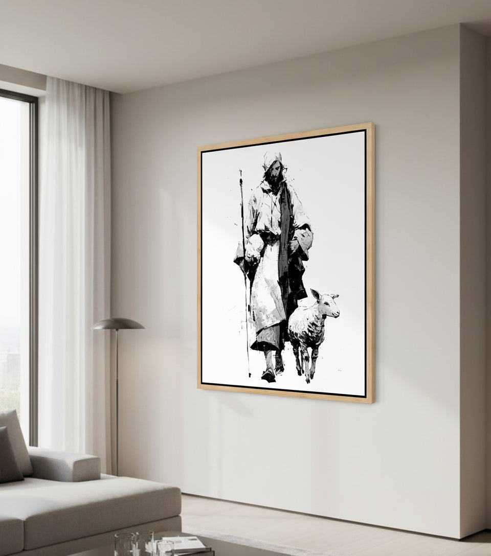 Jesus in White Robe with Staff and Lamb – Yoji Shinkawa Inspired Art