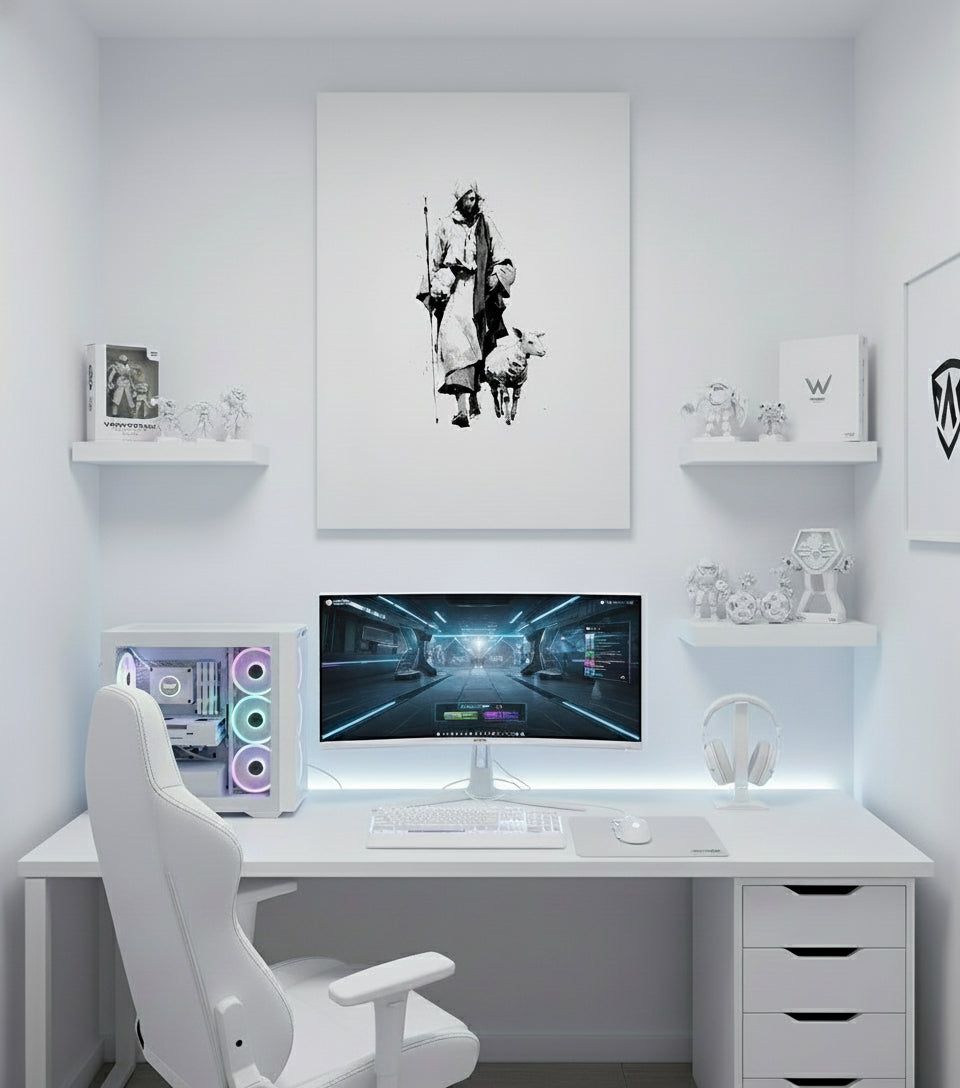 Jesus in White Robe with Staff and Lamb – Yoji Shinkawa Inspired Art