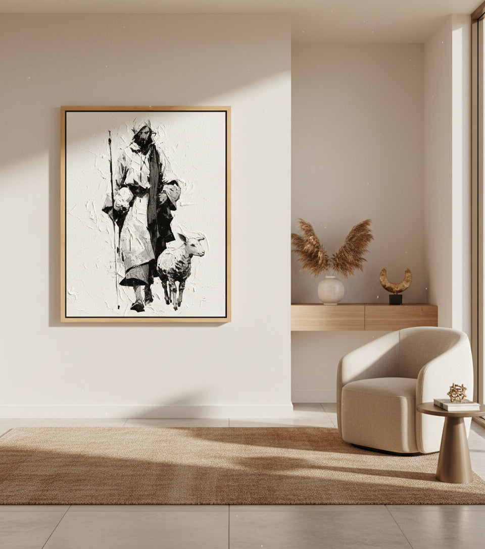 Jesus in White Robe with Staff and Lamb – Yoji Shinkawa Inspired Art