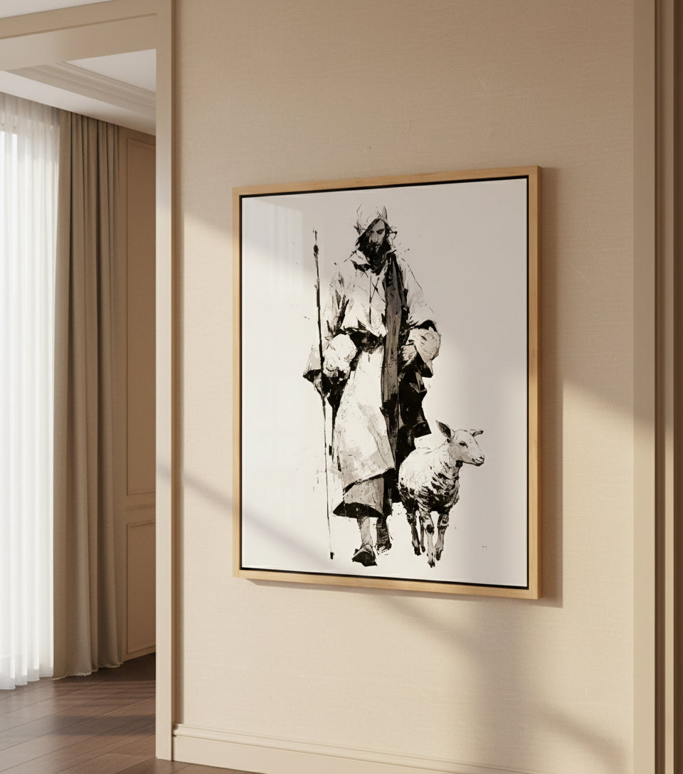 Jesus in White Robe with Staff and Lamb – Yoji Shinkawa Inspired Art