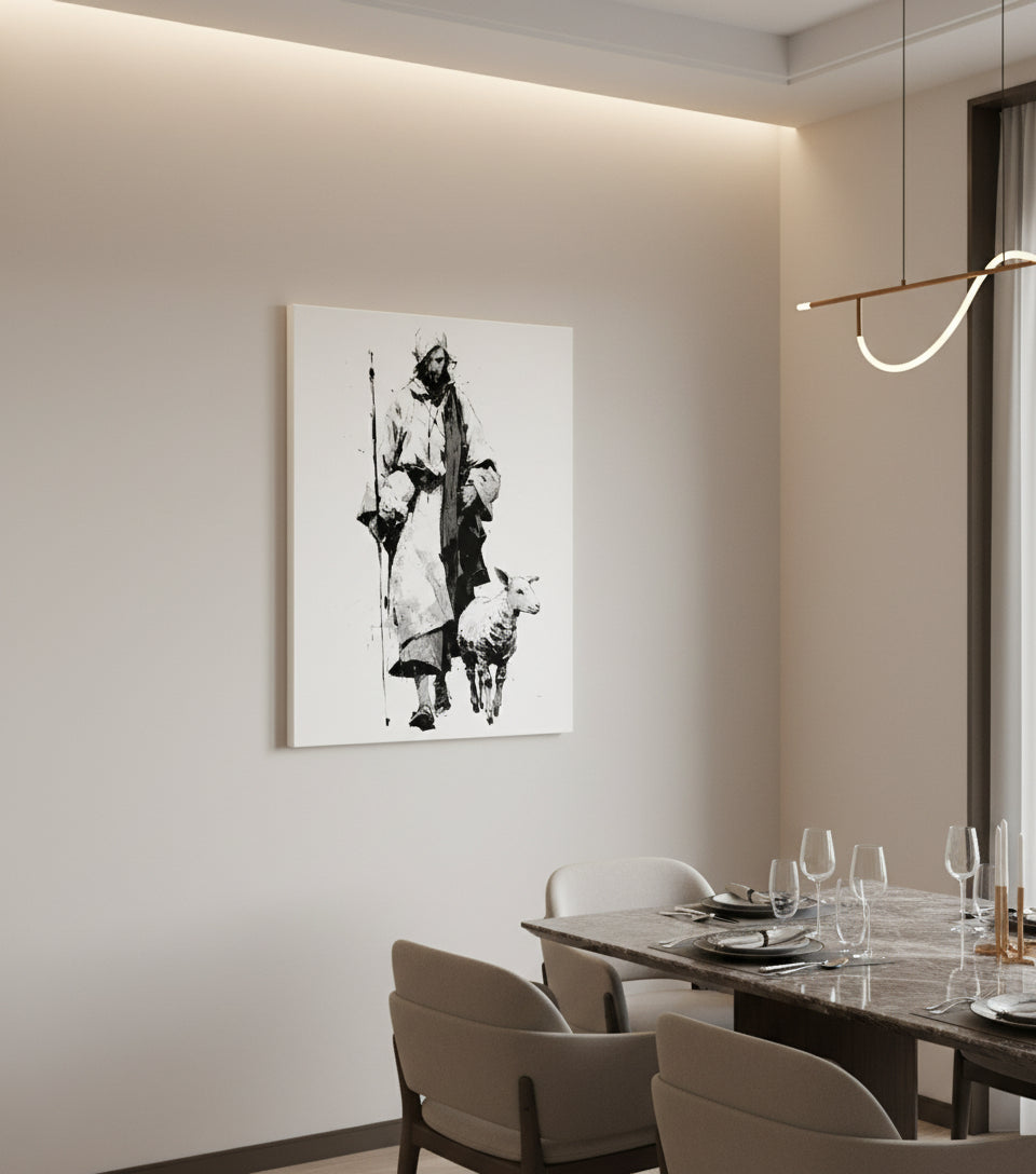 Jesus in White Robe with Staff and Lamb – Yoji Shinkawa Inspired Art