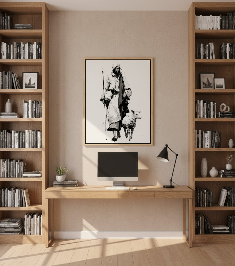 Jesus in White Robe with Staff and Lamb – Yoji Shinkawa Inspired Art